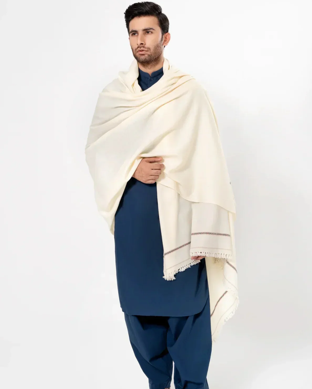 Classic Men's Wool Winter Shawl - White - men's winter wool shawl