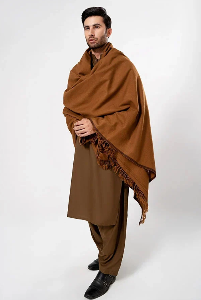 Classic Men's Wool Winter Shawl - Copper Brown